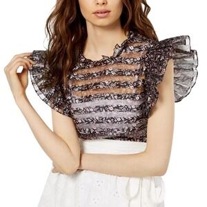 Jill Stuart Top XS Black Sheer Ruffle Sleeve Floral Mesh Blouse Romantic Chic